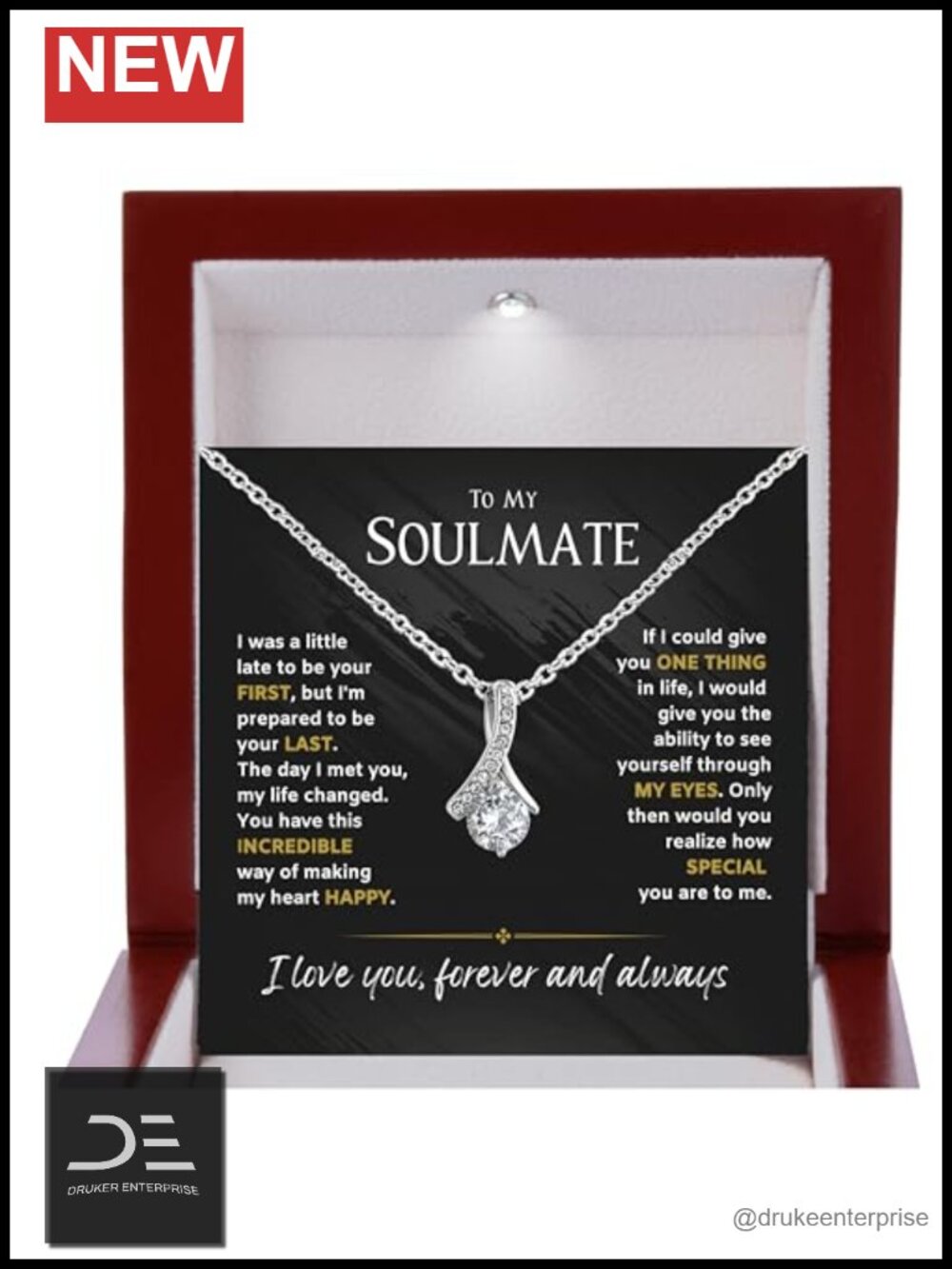 Soulmate Pendant Necklace Stainless Steel CZ Adjustable Chain Gift